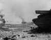 U.S. Marines Take Shelter As Amphibious Vehicles Burn On The Beach. Peleliu Island History - Item # VAREVCHISL036EC696