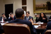 President Obama Talks With Mona Sutphen Chief Of Staff For Policy During A Meeting On Dec. 20 2010. Seated At The Table Are Jack Lew Dan Pfeiffer And Jason Furman. History - Item # VAREVCHISL027EC137