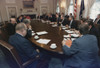 President George Bush Conducts A Full Cabinet Meeting In The White House Cabinet Room. 1989. Bush Is Seated Between Sec. Of State James Baker And Sec. Of Defense Richard Cheney. History - Item # VAREVCHISL023EC225