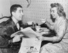 Dr. Joyce Brothers Having Breakfast And Reading Newspaper With Her Husband Milton. Dr. Brothers Emerged In The 1950'S As A Popularizer Of Psychology Via Books And Television. 1955. History - Item # VAREVCHISL006EC098