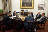 President Obama And Vp Joe Biden Hold A Late Night Budget Negotiation With Congressional Leaders. Clockwise From Vp Biden Bill Daley John Boehner Barry Jackson Harry Reid David Krone Rob Nabors And Jack Lew. April 6 2011. - Item # VAREVCHISL027EC046