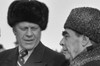 President Ford Wearing A Russian Wool Cap Is Greeted By Soviet General Secretary Leonid Brezhnev In Vladivostok Russia. November 23 1974 History - Item # VAREVCHISL029EC270