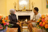 First Lady Michelle Obama Meets With Ermine Erdogan Wife Of The Prime Minister Of Turkey In The Yellow Oval Room Of The White House. Michelle Wears A Beige Shift Dress And Cardigan By J. Crew. Dec. 8 2009. History - Item # VAREVCHISL025EC083