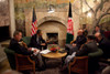 President Obama Meets With Afghan President Hamid Karzai At His Presidential Palace In Kabul. Also Attending Are Gen. Jim Jones And Richard Holbrooke. March 28 2010 History - Item # VAREVCHISL026EC202