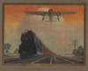 Steam Powered Locomotive And Ford Tri-Motor Airplane Speeding Through In Rural Landscape. Poster For Pennsylvania Railroad With Painting By Grif Teller. 1931. History - Item # VAREVCHISL040EC499