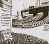 Anti-Immigration Cartoon Of Shows Disembarking Immigrants Heading For The American Cities As An Army Of Unemployed Americans Watch. Ca. 1920. History - Item # VAREVCHISL017EC105