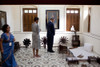 President And Michelle Obama Tour Gandhi'S Room At The Mani Bhavan Gandhi Museum In Mumbai India. Michelle Wears A Light Grey Long Sleeved Dress By Viktor Rolf'S 2009 FallWinter Collection. Nov. 6 2010. History - Item # VAREVCHISL026EC060