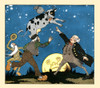 To the shock of many, and the surprise of some, a cow is airborne as she appears to jump over the moon and out of reach of two men below.  The illustration is taken from the book, "Tales Told of Holland" from 1923. Poster Print by Maud & Miska Peters