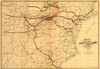 eastern United States from the Great Lakes to Charleston, S.C., showing drainage, cities and towns, county boundaries, and the railroad network, main lines indicated in heavy red and black; chartered in 1858 as successor to Meadville Company. Poster