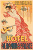 A vintage luggage label applied to guests luggage when tourists would pass through the establishment.  Featuring a man and woman in traditional Spanish costume.  The woman dances the flamenco as the man plays the guitar. Poster Print by Unknown - Ite