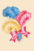 Three colored hat feathers with a bow.  In the 1930's the classic homemaker could purchase decals, applied by water, to decorate the kitchen, furniture, or anything else they desired.  These are samples directly from the salesman's sample book. Poste