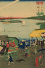Japanese triptych print showing a busy street with people walking; riding in carriages, on horseback, and in a litter; many small and large boats sail in a sea; the sun rises in the background.  Done by Utagawa Hiroshige in 1870 Poster Print by Utaga