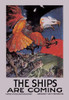 Large attacking Eagle symbolizing the United States Fleets of Ships below as they cross the Atlantic towards Europe.  Created by James Daugherty for the United States Shipping Board, Emergency Fleet Corporation. Poster Print by James Daugherty - Item