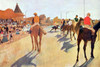 Horse Racing Jockey's get ready for the Race.  Edgar Degas, born Hilaire-Germain-Edgar De Gas; 19 July 1834 _ 27 September 1917) was a French artist famous for his paintings, sculptures, prints, and drawings. Poster Print by Edward Degas - Item # VAR
