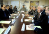 President George W. Bush Robert M. Gates Steve Hadley Ryan Crocker And Condoleezza Rice Meet With Iraqi President Jalal Talabani Prime Minister Nouri Al Mali Ki And Other Iraqi Government Officials At Al Asad Air Base Iraq On Sept. 3 - Item # VAREVCH