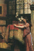 A young girl rests her arms on a high table, as she smells the roses in a bouquet set in a clear glass vase. Tiger skin is draped over a chair in the rear and a grilled window lets thru diffused light. Poster Print by Alma-Tadema - Item # VARBLL05872
