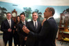 President Barack Obama Jokes With Cast Members Of The Movie 'The Monuments Men'. The President Appears To Be Holding A Tiny 'Obama Doll'. The Actors Were Attending A The Screening In The Family Theater Of The White House History - Item # VAREVCHISL03