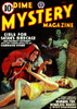 Cover to Dime Mystery Magazine from May 1940 showing a woman struggling to prevent being injected with something by a hooded figure.  In the background another figure is placing a mummy in a sarcophagus. Poster Print by unknown - Item # VARBLL0587394