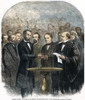 Abraham Lincoln (1809-1865). 16Th President Of The United States. Lincoln Taking The Oath Of Office At His Second Inauguration, 4 March 1865, As Depicted In A Contemporary American Newspaper After A Photograph By Alexander Gardner. Engraving, 1865. P
