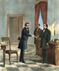 Johnson: Impeachment, 1868. /Npresident Andrew Johnson Accepting The Summons To His Impeachment Trial From Senate Sergeant-At-Arms George T. Brown, 7 March 1868. Engraving After A Sketch By T.R. Davis, 1868. Poster Print by Granger Collection - Item