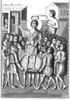 Crowning Of A French King. /Ninauguration On A Shield. Representation Of The Supposed Coronation Ceremony Of The First Kings Of France. Line Engraving From A Book By Bernard De Montfaucon, Early 18Th Century. Poster Print by Granger Collection - Item