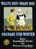 Poster shows a young woman and an older woman standing before a table of fruits and vegetables, and some canned foods. The older woman holds up a jar and gestures toward the table. Additional text: Save perishable foods by preserving now. Poster Prin