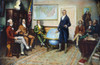 Monroe Doctrine, 1823. /N'The Birth Of The Monroe Doctrine.' Left To Right: John Quincy Adams, William Harris Crawford, William Wirt, President James Monroe, John C. Calhoun, Daniel D. Tompkins, And John Mclean. After The Painting By Clyde O. Deland.