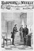 Johnson: Impeachment, 1868. /Npresident Andrew Johnson Accepts The Senate Summons To His Impeachment Trial, Presented To Him By George Brown, The Seargent-At-Arms, 7 March 1868. Wood Engraving From A Contemporary American Newspaper. Poster Print by G