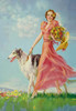 Colorful print for a 1930's calendar showing a pretty woman holding a bouquet of flowers and the color of a borzoi.  Jules Erbit  was active/lived in California / Hungary and is known for illustrator-calendar females. figure. Poster Print by Jules Er