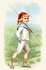 Victorian trade card of a boy in a sailor outfit carrying a fishing pole.  This card would be printed over with a product and a name of a company.  They then were given out at local shops as advertising. Poster Print by unknown - Item # VARBLL0587391