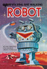 The success of robot tin toys in Japan extended from the 1950's to the 1970's.  This illustration art comes from a Korean version of the "robot" boxes. Show in the "Revolving and Walking Robot" on an alien landscape and a UFO flying above. Poster Pri