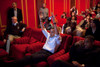 President Barack Obama Celebrates A Touchdown While Holding 3-D Glasses At A Super Bowl Party In The Family Theater Of The White House Feb. 1 2009 . Guests Included Family Friends Staff Members And Bipartisan Members Of Congress. - Item # VAREVCHISL0