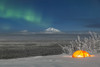 Green Aurora Borealis shines above moonlight casting light on Mount Drum and the Copper River Valley, a glowing tent on a foggy winter night, Copper River Valley, South-central Alaska; Alaska, United States of America Poster Print by Kevin G. Smith /