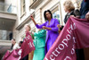 Michelle Obama Cuts The Ribbon For The New American Wing At The Metropolitan Museum Of Art In New York City. Michelle Wears A Dress And Coat Of Purple Wool-Silk Blend From Isacc Mirahi'S Pre-Fall 2009 Collection. May 18 2009. History - Item # VAREVCH
