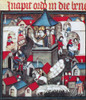 Market Fair, 14Th Century. /Nthe Bishop Of Paris Pronouncing The Benediction For The Relic Of The True Cross At A Market Fair In St. Denis In June, Following The Festival Of Saint Barnabas. French Manuscript Illumination, 1395-1426. Poster Print by G