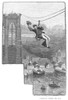 Brooklyn Bridge Mechanic. /Nmaster Mechanic E.F. Farrington Making The First Crossing Of The East River By Way Of The Brooklyn Bridge, Riding In A Boatswain'S Chair On 25 August 1876. Line Engraving, 1883. Poster Print by Granger Collection - Item #