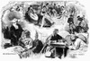 Civil War: Women, 1862. /N'The Influence Of Woman.' Composite Of Scenes Of Women Sewing And Doing Laundry For Soldiers, A Nun Visiting A Wounded Soldier And A Woman Writing A Letter, During The American Civil War. Wood Engraving, 1862. Poster Print b
