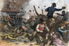 Great Railroad Strike, 1877. /Nthe Sixth Maryland Miltia Firing Into A Hostile Crowd And Killing 12 In Baltimore On July 20 At The Beginning Of The Great Railroad Strike Of 1877. Wood Engraving From A Contemporary American Newspaper. Poster Print by