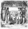 Hudson And Native Americans, 1609. /Nhenry Hudson (D.1611) Shares Brandy With Natives Of Manhattan Island At The Beginning Of His Journey Up The River Which Bears His Name, September 1609. Wood Engraving, American, 1876. Poster Print by Granger Colle