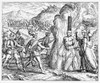 Bartolome De Las Casas /N(1474-1566). Spanish Dominican Missionary And Historian. Las Casas At The Execution Of An Indian Chieftain Of Cuba. Line Engraving From A 16Th Century Edition Of His 'Brief Relation Of The Destruction Of The Indies.' Poster P
