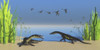 Nothosaurus dinosaurs on a Triassic beach with a flock of Peteinosaurus flyinga above. Poster Print by Corey Ford/Stockt - Item # VARPSTCFR200968P
