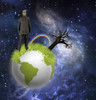 Metaphorical art. Man stands on globe with old tree and rainbow. Deep space Poster Print by Bruce Rolff/Stocktrek Images - Item # VARPSTRFF201308S