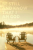 Image Of Two Adirondack Chairs On A Wooden Dock In The Glowing Sunlight At Dawn With Fog Over The Lake And Scripture From Psalm 46:10 Poster Print by Tim Antoniuk / Design Pics - Item # VARDPI12290166
