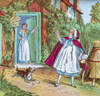 Coloured illustration in a child's storybook, the fairy tale Little Red Riding Hood, with the mother standing at the door saying goodbye to Little Red Riding Hood Poster Print by John Short / Design Pics - Item # VARDPI12516107