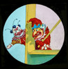 Magic Lantern slide circa 1900 hand coloured Punch Judy Show Hullo ! here's my friend clown What cheer Joey what a mouth you have got be sure Don't open it any wider I might fall down hurt myself Joey: Oh Mr Punch you're it They say you've killed you