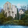 Magic Lantern slide circa 1900 hand coloured created 1887 A tour North Wales Valle Crucis Abbey which exterior view is shewn This hue old ecclesiastical ruin stands a meadow river about two miles North-west Llangollen It was founded about year 1200 a