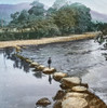 Magic Lantern slide circa 1900 hand coloured created 1887 A tour North Wales 11 Stepping-stones Bettws-y-Coed Returning Bettws say evening we enjoy a good tea then if fine take a stroll across Conway Stepping-stones get thither we must pass through