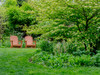 USA, Pennsylvania A pair of Adirondack chairs in a garden Poster Print by Julie Eggers (24 x 18) # US39JEG0151