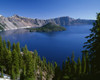 Oregon. Crater Lake NP, Wizard Island and Crater Lake with a grove of mountain hemlock Poster Print by John Barger - Item # VARPDDUS38JBA0347