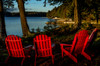 USA, New York, Adirondack State Park Chairs on lake shore Credit as: Jay O'Brien / Jaynes Gallery Poster Print by Jaynes Gallery (24 x 18) # US33BJY0068